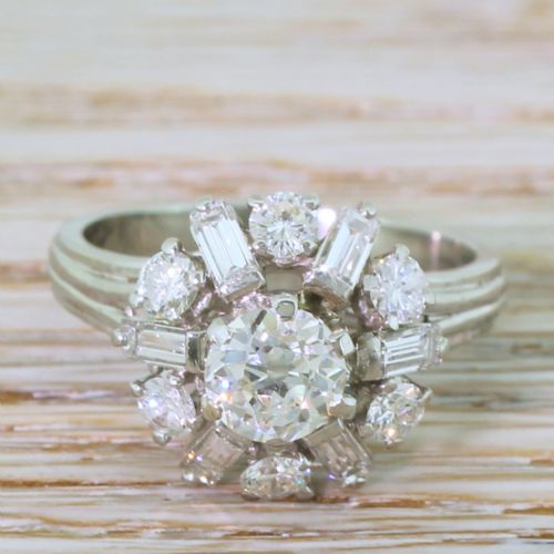 fig 1. Mid Century 2.24 Old Cut Diamond Cluster Ring, circa 1965