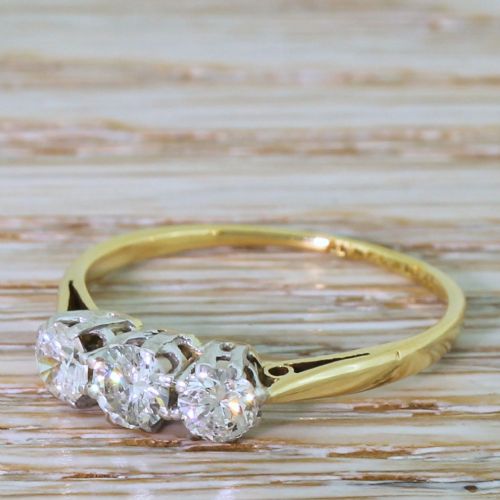 Mid Century 0.77 Carat Transitional Cut Diamond Trilogy Ring, Circa 1960
