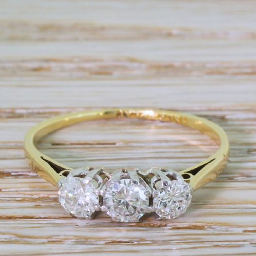 fig 1. Mid Century 0.77 Carat Transitional Cut Diamond Trilogy Ring, circa 1960