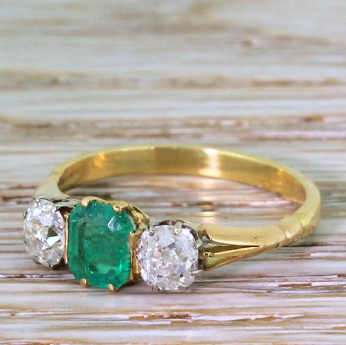 Art Deco 0.67 Carat Emerald & 0.90 Carat Old Cut Diamond Trilogy Ring, Circa 1920