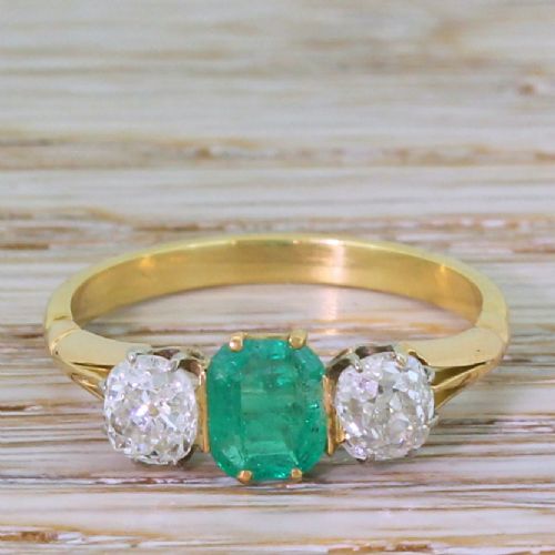 fig 1. Art Deco 0.67 Carat Emerald & 0.90 Carat Old Cut Diamond Trilogy Ring, circa 1920