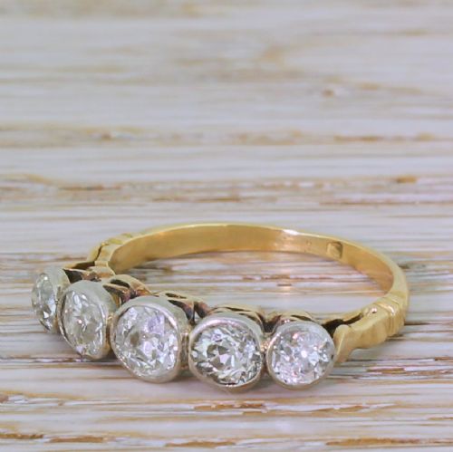 Art Deco 1.35 Carat Old Cut Diamond Five Stone Ring, Circa 1915
