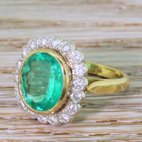 Mid Century 4.17 Carat Colombian Emerald & Diamond Cluster Ring, Circa 1965
