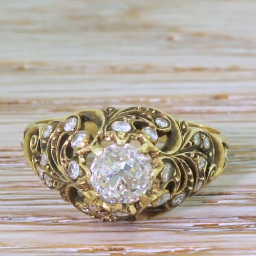 fig 1. Mid Century 0.79 Carat Old Cut Diamond Ornate Solitaire Ring, circa 1965