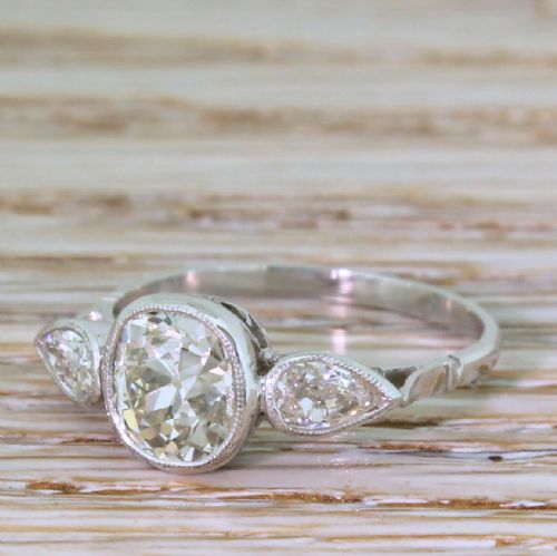 Art Deco 1.90 Carat Old Cushion & Old Pear Cut Diamond Trilogy Ring, Circa 1930
