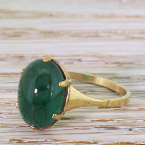 Mid Century 3.50 Carat Cabochon Emerald Solitaire Ring, Circa 1965
