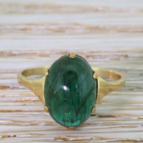 fig 1. Mid Century 3.50 Carat Cabochon Emerald Solitaire Ring, circa 1965