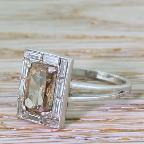 Retro 2.83 Carat Fancy Orangey Brown & Baguette Cut Diamond Ring, Circa 1950
