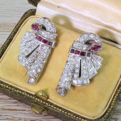 Art Deco 0.68 Carat Ruby & 1.30 Carat Diamond Earrings, Circa 1940

