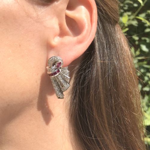 fig 1. Art Deco 0.68 Carat Ruby & 1.30 Carat Diamond Earrings, circa 1940