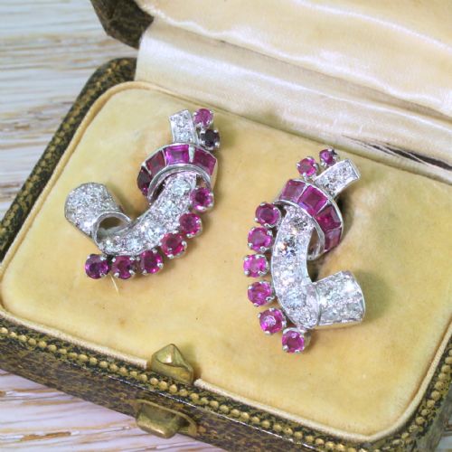 Mid Century 2.00 Carat Ruby & 1.25 Carat Diamond Ear Cuff Earrings, Circa 1950
