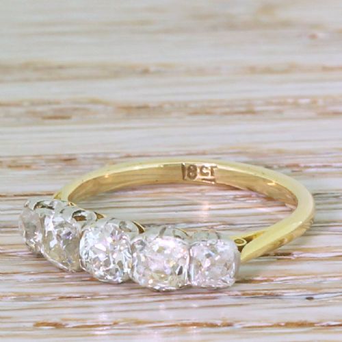 Art Deco 1.95 Carat Old Mine Cut Diamond Five Stone Ring, Circa 1915
