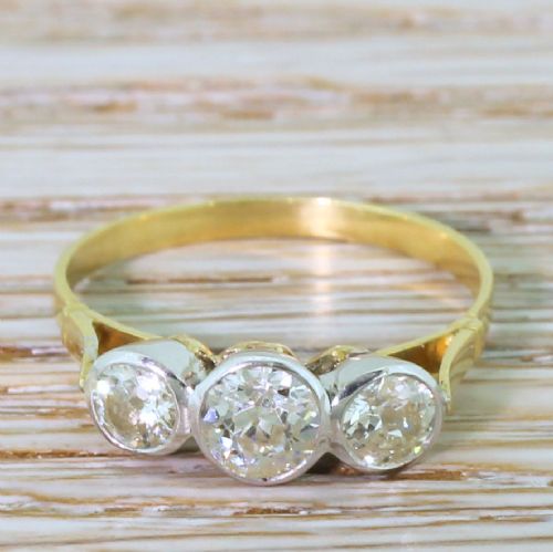 Mid Century 0.96 Carat Old Cut Diamond Trilogy Ring, Circa 1955
