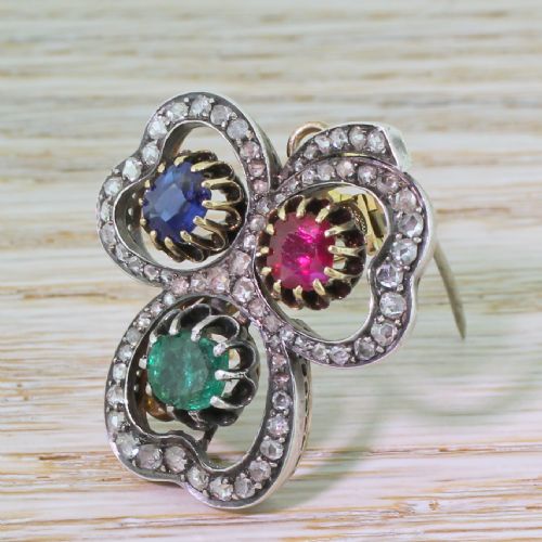 Victorian Emerald, Sapphire, Ruby & Diamond Clover Pendant / Brooch, Circa 1890
