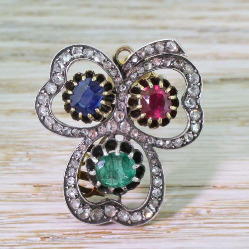 fig 1. Victorian Emerald, Sapphire, Ruby & Diamond Clover Pendant / Brooch, circa 1890