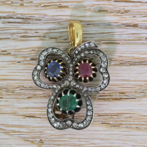fig 2. Victorian Emerald, Sapphire, Ruby & Diamond Clover Pendant / Brooch, circa 1890