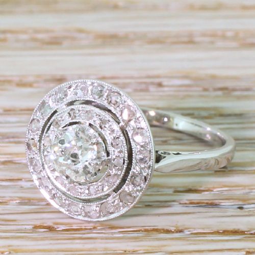 Art Deco 0.76 Carat Old Cut Diamond Double Halo Cluster Ring, Circa 1930
