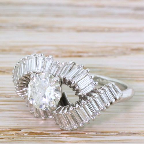 Mid Century 2.21 Carat Round & Baguette Cut Diamond Cluster Ring, Circa 1965
