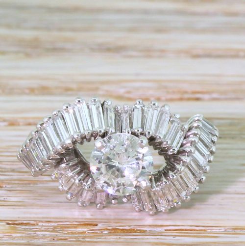 fig 1. Mid Century 2.21 Carat Round & Baguette Cut Diamond Cluster Ring, circa 1965
