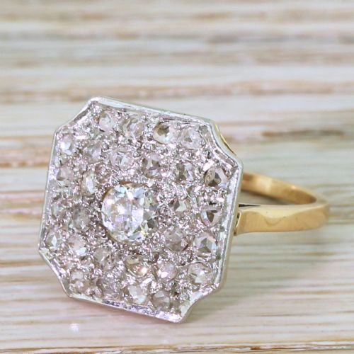 Art Deco 0.87 Carat Old Cut & Rose Cut Diamond Cluster Ring, French, Dated 1945

