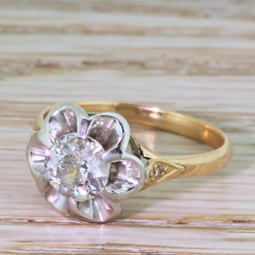 Retro 0.99 Carat Old Cut Diamond Engagement Ring, Circa 1950
