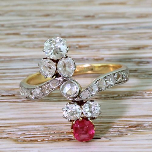 Art Nouveau Old Cut Diamond & Red Spinel Ring, Circa 1905
