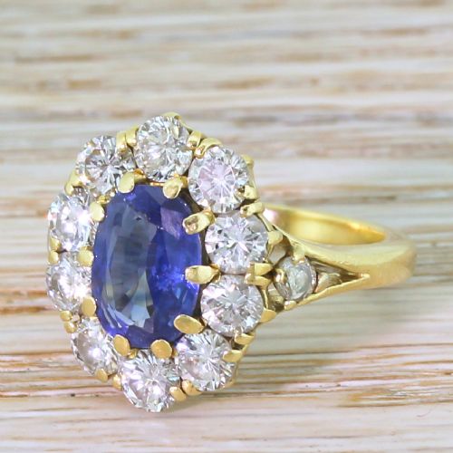 Mid Century 2.18 Carat Sapphire & 1.94 Carat Diamond Cluster Ring
