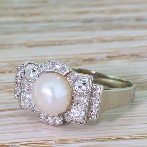 Retro Natural Pearl & 1.18 Carat Old Cut Diamond Cluster Ring, Circa 1950
