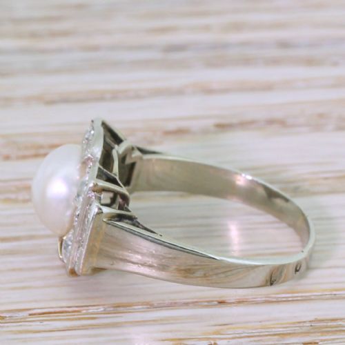 fig 2. Retro Natural Pearl & 1.18 Carat Old Cut Diamond Cluster Ring, circa 1950
