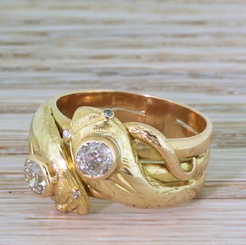 Victorian 0.70 Carat Old Cut Diamond Double Serpent Ring, Circa 1880
