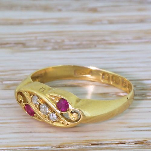 Art Nouveau Ruby & Diamond Five Stone Ring, Dated 1908