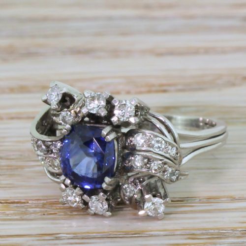 Mid Century 2.02 Carat Sapphire & 0.63 Carat Diamond Ring, Circa 1965
