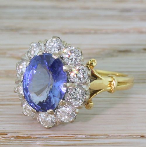 Mid Century 3.48 Carat Natural Ceylon Sapphire & Diamond Ring, Circa 1965
