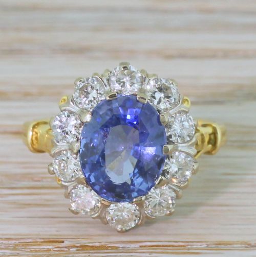 fig 1. Mid Century 3.48 Carat Natural Ceylon Sapphire & Diamond Ring, circa 1965