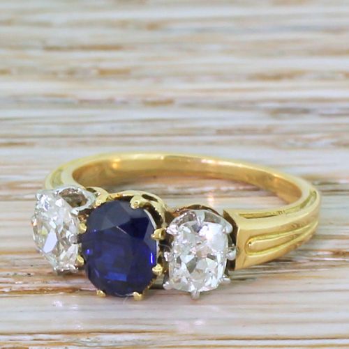 Art Deco 0.80 Carat Sapphire & 0.53 Carat Diamond Trilogy Ring, Circa 1920
