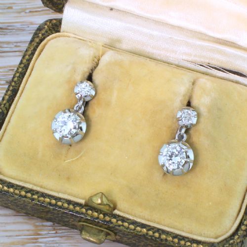 Mid Century 0.86 Carat Transitional Cut Diamond Earrings, Circa 1950
