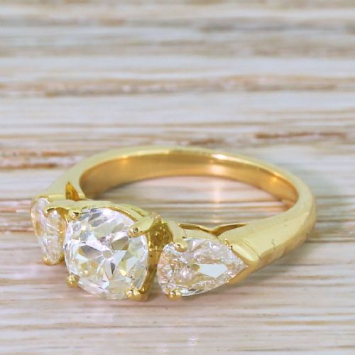 Art Deco 2.52 Carat Old Cut & Pear Cut Diamond Trilogy Ring, French, Circa 1930