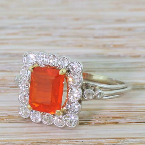Mid Century 1.30 Carat Fire Opal & 0.72 Carat Diamond Ring, Circa 1960