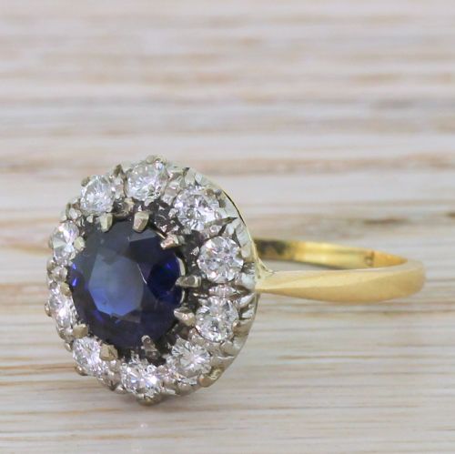 Mid Century 1.13 Carat Sapphire & 0.50 Carat Diamond Cluster Ring, Circa 1965