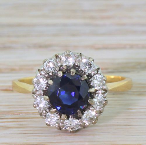 fig 1. Mid Century 1.13 Carat Sapphire & 0.50 Carat Diamond Cluster Ring, circa 1965