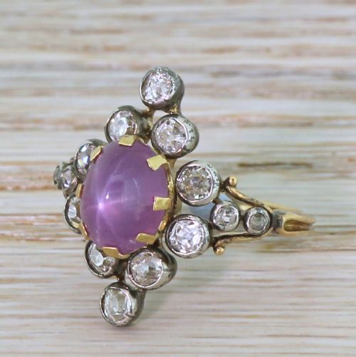 Victorian 4.68 Carat Ceylon Purple Star Sapphire & Diamond Ring, Circa 1890