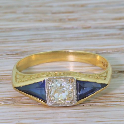 fig 1. Edwardian 0.55 Carat Diamond & 1.52 Triangular Sapphire Trilogy Ring, circa 1910