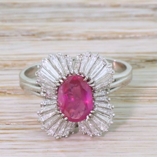 fig 1. Mid Century 1.39 Carat Natural Burmese Ruby & Diamond Ballerina Ring, circa 1965