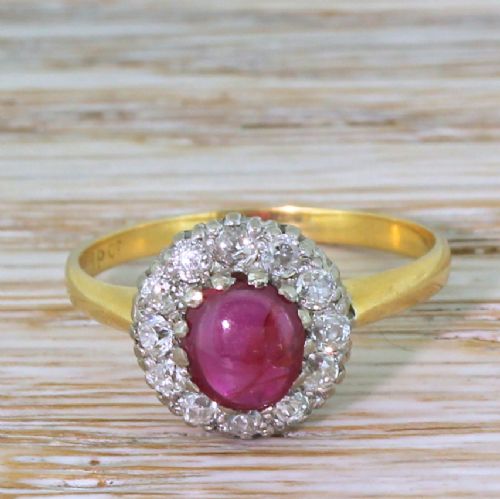 fig 1. Mid Century 0.65 Carat Cabochon Ruby & Old Cut Diamond Cluster Ring, circa 1950