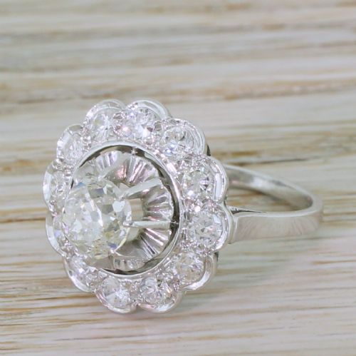 Mid Century 1.83 Carat Old Cut Diamond Cluster Ring, French, Circa 1960
