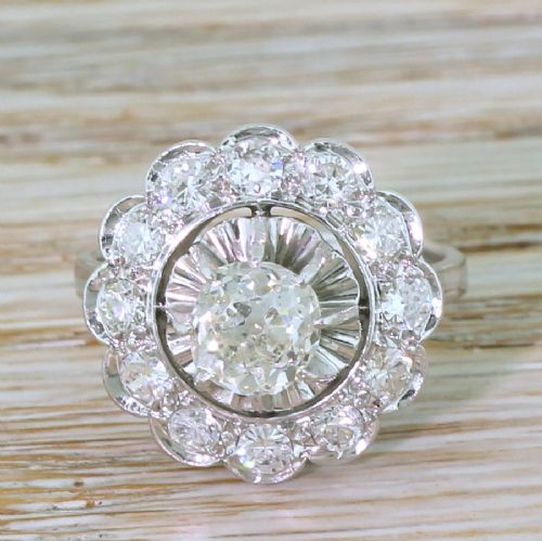 fig 1. Mid Century 1.83 Carat Old Cut Diamond Cluster Ring, French, circa 1960