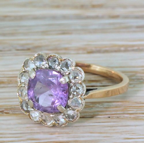 Art Deco 1.97 Carat Purple Sapphire & Rose Cut Diamond Ring, Circa 1940