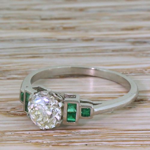 0.85 Carat Old European Cut Diamond & Emerald Ring, Platinum