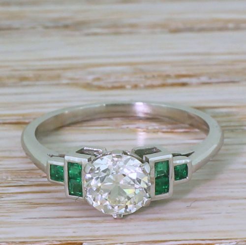 fig 1. 0.85 Carat Old European Cut Diamond & Emerald Ring, Platinum