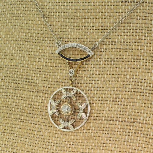 Art Deco 0.52 Carat Old Cut Diamond & Sapphire Pendant, Circa 1935